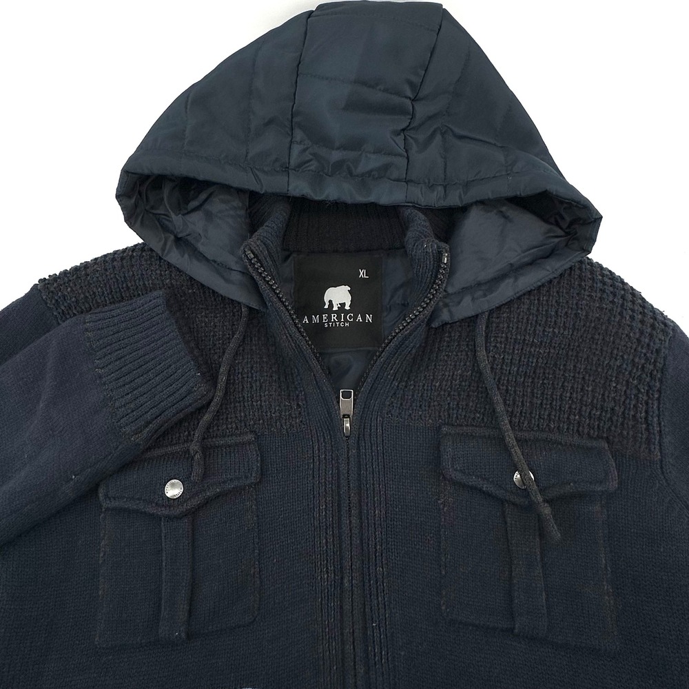 American Stitch Mens Blue Mixed Media Hooded Full Zip Sweater Jacket XL